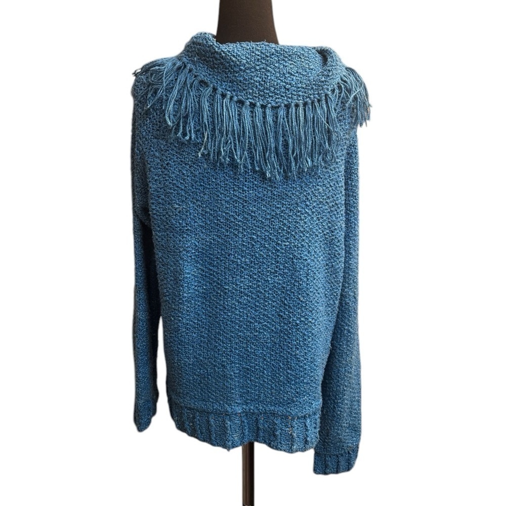 PURE SILK Hand Knitted Blue Cowl Neck Sweater Fringe Detail Small Luxury EUC - Picture 5 of 13